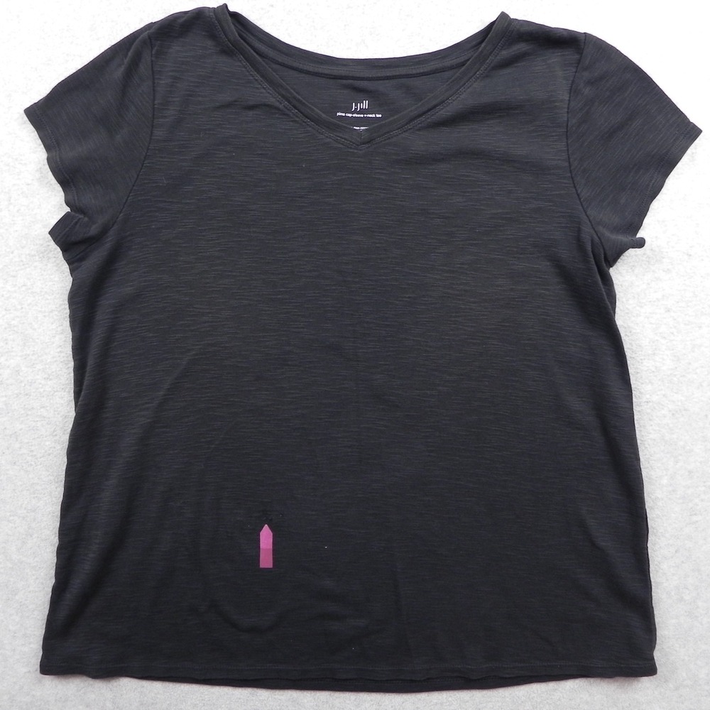 J Jill T-Shirt Top Womens Medium Pima Cap-Sleeve V-Neck Tee Black Short Sleeve